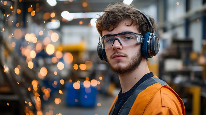 Young male industrial worker wearing safety glasses and headphones in a factory.