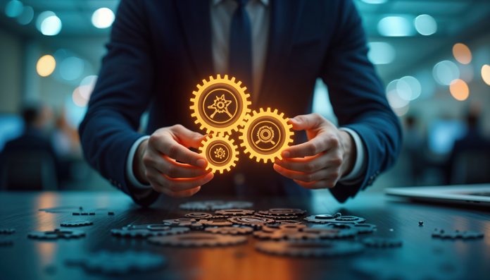 Business person arranges glowing gears on table. Innovative business approach. Modern tech concept. Company restructuring. Digital transformation. Strategic planning. Fast adaptation to changes. Lean